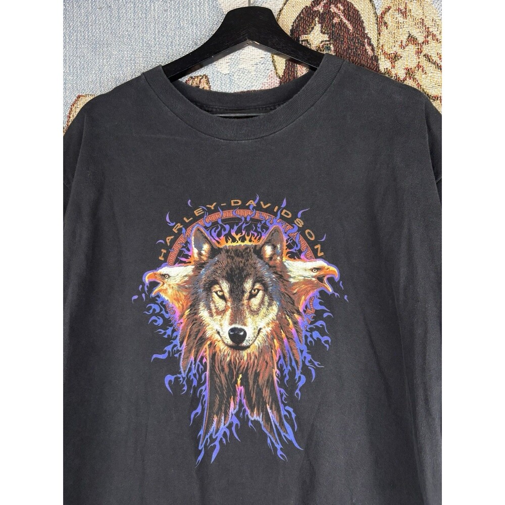 Vintage Y2K Harley Davidson Wolf Eagles Blue Flame T-shirt Size XL Black Indiana